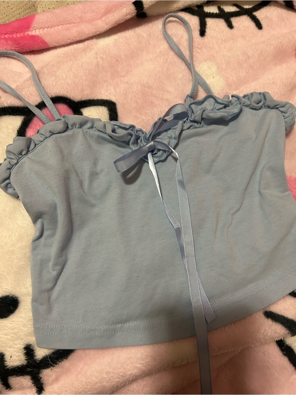 Light Blue Ruffle-Trim Cami Top with Ribbon Tie